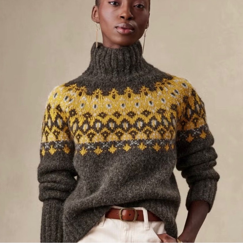 Banana Republic Alpaca Wool Blend Fair Isle Turtleneck Brown Yellow Sweater S